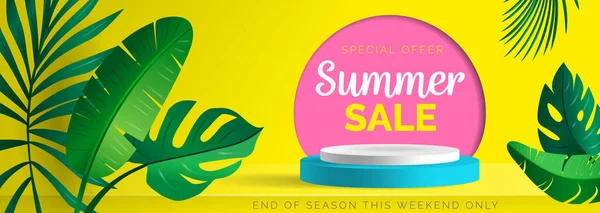 Venta Verano Oferta Especial Banner Diseño Con Hojas Tropicales Podios — Vector de stock