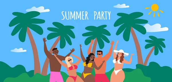 Zomer Feest Dansen Mensen Vieren Tropische Strand Palmbomen Vector Illustratie — Stockvector