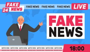 fake news  anchorman announcer  in studio online tv internet translation vector illustration