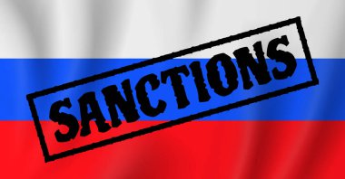 russian federation economic sanctions stamp on flag background vector illustration