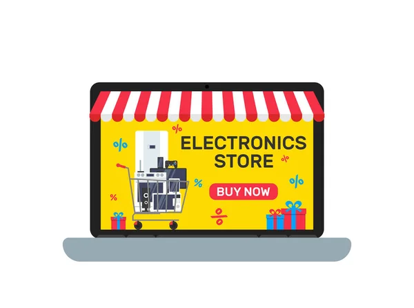 Online Elektronica Winkel Huishoudelijke Apparaten Gadgets Winkelwagen Laptop Vector Illustratie — Stockvector