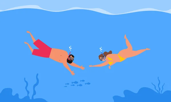 Couple Man Woman Swimming Underwater Snorkeling Diving Mask Vector Illustration — Vetor de Stock