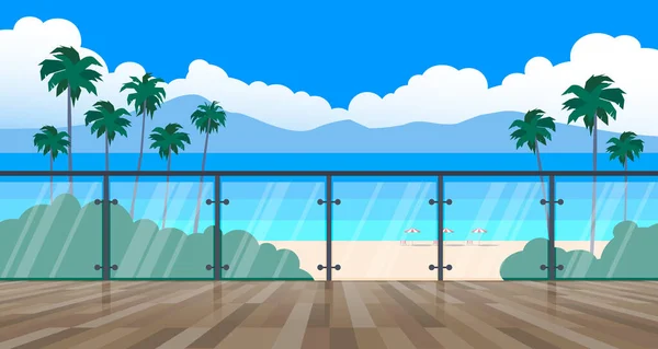 Balcony View Tropical Beach Resort Ocean Palms Mountain Seascape Vector — Vector de stock