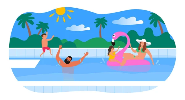 Happy Family Swimming Pool Summer Vacation Vector Illustration — Vetor de Stock