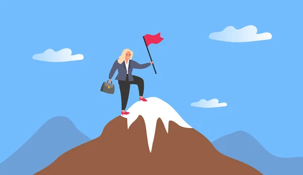 İş kadını bayrak başarısı ile dağın tepesine tırmanıyor. İş dünyası rekabet vektörü illüstrasyonu