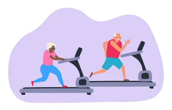 Senior Man Woman Running Treadmill Home Workout Healthy Lifestyle Vector — Stockvektor