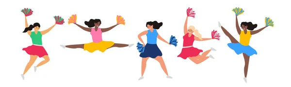 Multiracial Cheerleader Women Sport Dancing Pom Pom Set Vector Illustration — стоковый вектор