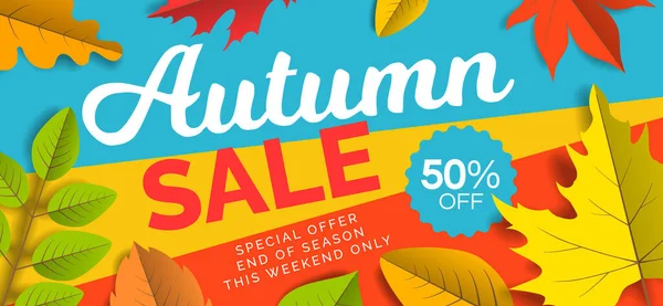Autumn Sale Web Banner Design Leaves Geometric Colorful Background — ストックベクタ