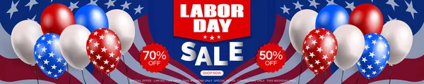 American Labor Day Sale Horizontal Web Banner Design Balloons Flag — Stock Vector