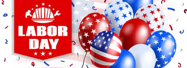 American Happy Labor Day Usa Banner Design Balloons Confetti Vector — Vettoriale Stock