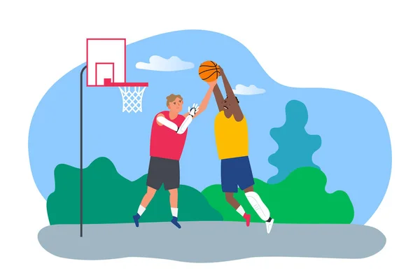 Deux Hommes Jouent Basket Ball Plein Air Avec Illustration Vectorielle — Image vectorielle