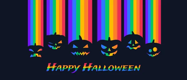 Szczęśliwy Halloween Lgbt Tęcza Kolor Promienie Straszne Dynie Pozdrowienia Karty — Wektor stockowy