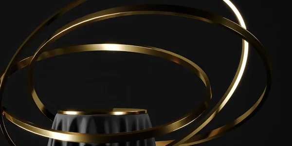 Black Podium Gold Top Table Floating Golden Ring Abstract Background — Stock Photo, Image