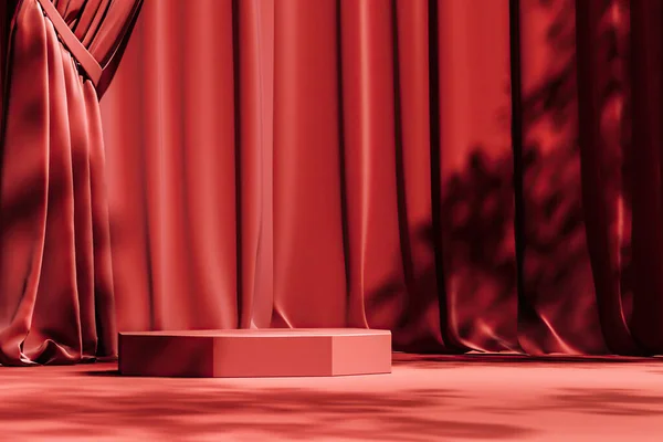 Rote Plattform Auf Rotem Vorhang Szene Sonnenschirm Und Bäume Schatten — Stockfoto