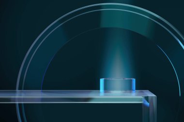 Mavi arka planda cam platform, ürün sunumu için arka plan. 3d oluşturma