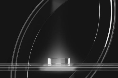 Siyah zemin üzerinde cam platform, ürün sunumu için arka plan. 3d oluşturma