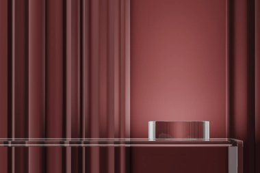 Glass podium on glass platform and red background, abstract background for product presentation. 3d rendering clipart