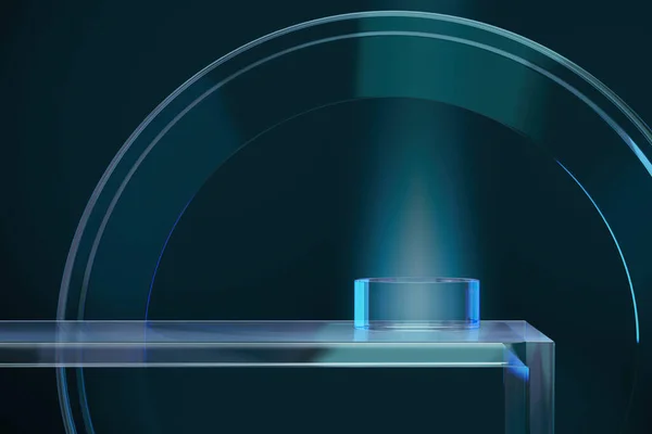 Mavi arka planda cam platform, ürün sunumu için arka plan. 3d oluşturma