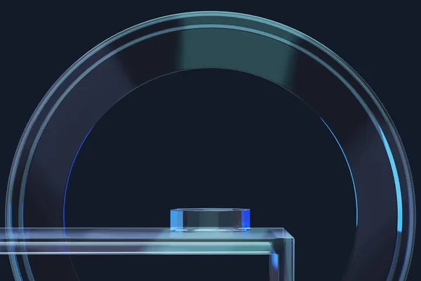 Koyu mavi arka planda cam platform, ürün sunumu için arka plan. 3d oluşturma