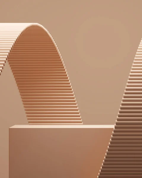 Bej silindirik podyum ve eğri arka plan ürün sunumu için minimum soyut arkaplan. 3d oluşturma