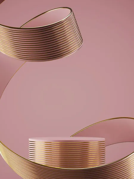 Soyut yumuşak arka planda pembe podyum, pembe kurdele ve podyumun etrafında bükülen altın çizgi dokusu. Ürün sunumu için en düşük arkaplan. 3d oluşturma