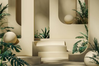 Soyut model sahne, bej kemer duvar platformu ve tropikal bitkiler. 3d oluşturma