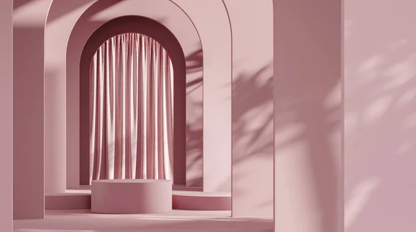 Duvardaki pembe platform ve perde arkaplanı, ürün sunumu için model sahnesi, 3D görüntüleme