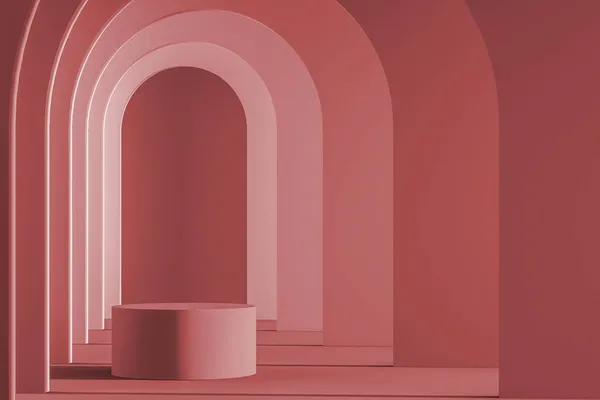 Eğimli kemer desenli arka planda silindir platformu. Ürün sunumu için model sahnesi. 3d oluşturma
