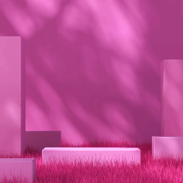 Pink Platform Pink Grass Wall Tree Shade Wall Pink Mockup — Stock Photo, Image