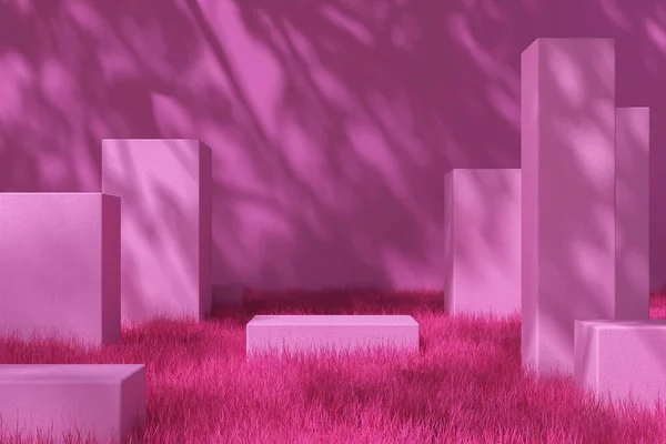 Pink Platform Pink Grass Wall Tree Shade Wall Pink Mockup — Stock Photo, Image