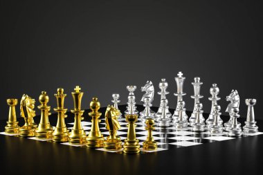 Satranç tahtası oyunu. Parçalar gümüş ve altınla renklendirilmiş. 3B görüntüleme