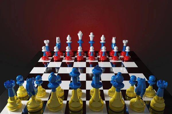 Šachovnice Hry Kousky Jsou Barevné Ukrajinou Ruské Vzory Odrážející Mezinárodní — Stock fotografie