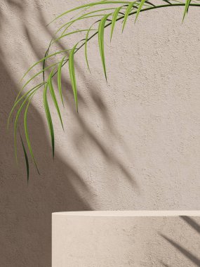 Bej çimento platformu ve bej duvarda küçük bir bitki arka planda güneşlik ürün sunumu için soyut bir arkaplan. 3d oluşturma