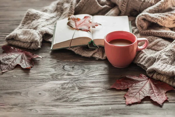 Autumn Morning Coffee Cup Coffee Wooden Table Warm Sweater Background — Stock Photo, Image