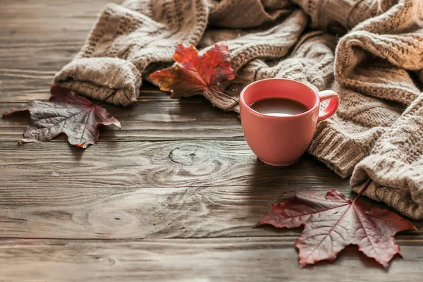 Autumn Morning Coffee Cup Coffee Wooden Table Warm Sweater Background — Stock Photo, Image