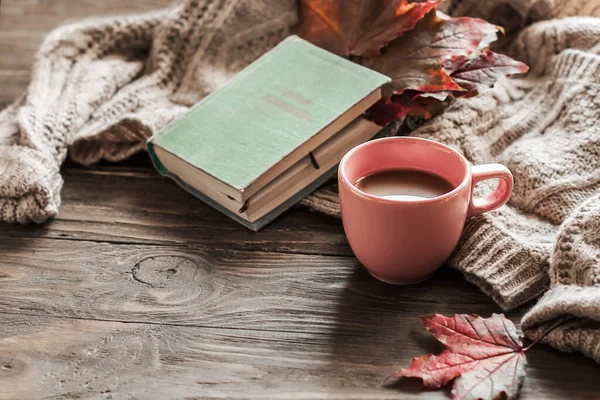 Autumn Morning Coffee Cup Coffee Wooden Table Warm Sweater Background — Stock Photo, Image