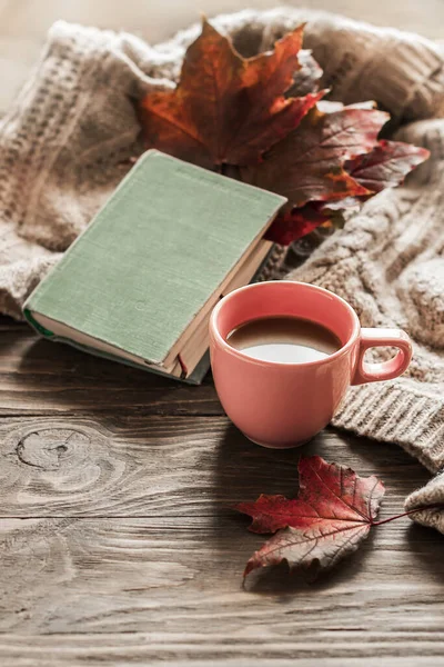 Autumn Morning Coffee Cup Coffee Wooden Table Warm Sweater Background — Stock Photo, Image