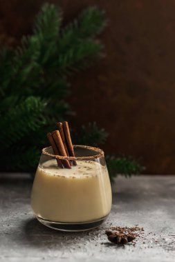 Noel eggnog kralı köknar dallarının arka planında tarçın çubukları ile. Noel ve kış tatilleri. Bir bardak şenlikli kış içkisi. Beton bir arka planda fotokopi alanı var..