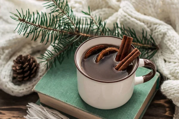 Taza Bebida Caliente Con Palitos Canela Libro Sobre Fondo Ramas — Foto de Stock