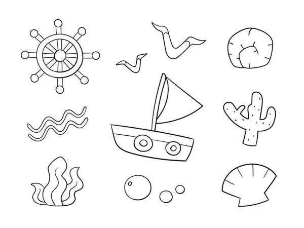 Doodle Reihe Von Meeresobjekten Auf Weißem Hintergrund Niedliche Doodle Line — Stockfoto