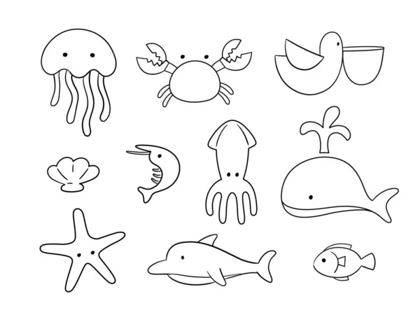 Doodle Set Creature Marine Sfondo Bianco Carino Oggetti Della Linea — Foto Stock