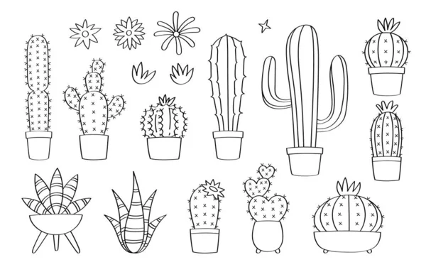 Lindo Cactus Doodle Plantas Iconos Dibujos Animados Objetos —  Fotos de Stock