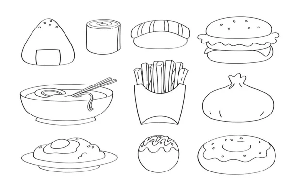 Cute doodle food cartoon icons and objects.