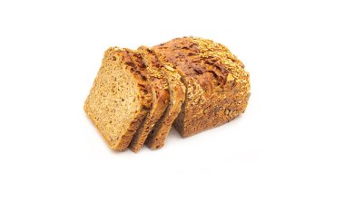 sliced whole wheat rye bread and sesame seeds isolated on white background