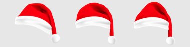İzole edilmiş arka planda gerçekçi Noel Baba şapkaları. Yeni yıl şapkaları. Tatilin, yeni yılın, Noel 'in sembolü. Tasarımınız için bir dizi Noel şapkası