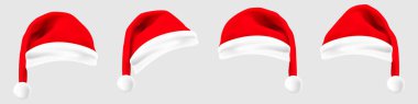 İzole edilmiş arka planda gerçekçi Noel Baba şapkaları. Yeni yıl şapkaları. Tatilin, yeni yılın, Noel 'in sembolü. Tasarımınız için bir dizi Noel şapkası