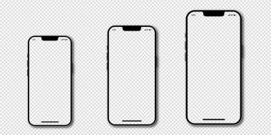 Şeffaf ekranlı akıllı telefonların gerçekçi modelleri. Modern popüler telefonlar. Cihazın ön görüntüsü. Akıllı telefon model koleksiyonu. Şeffaf bir arkaplanda gölgesi olan cep telefonu.