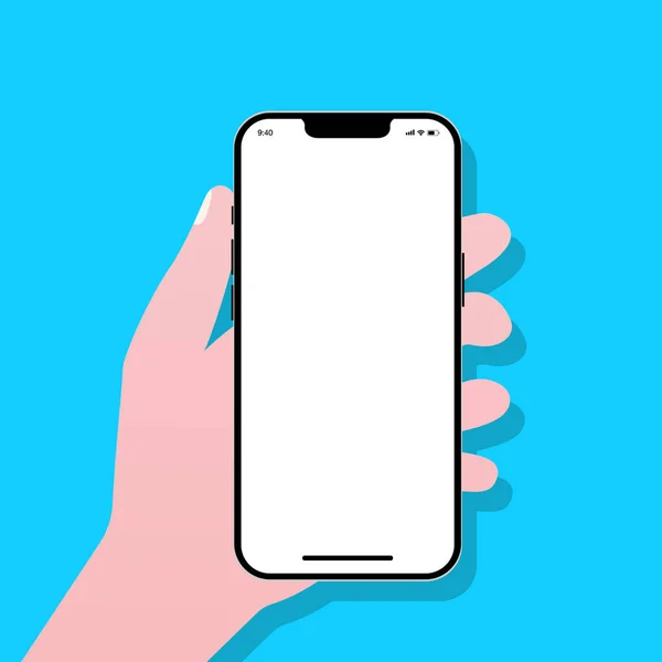 Hand Holding Black Smartphone Blank Screen Blue Background Shadow Vertical — Stock Vector