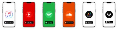 Apple Music, Spotify, YouTube Music, Soundcloud, Deezer, Tidal. - Popüler müzik servis logosu iPhone 12 ekranında gerçekçi gölgeli. Tasarımınız için düzenleyici vektör illüstrasyonu.