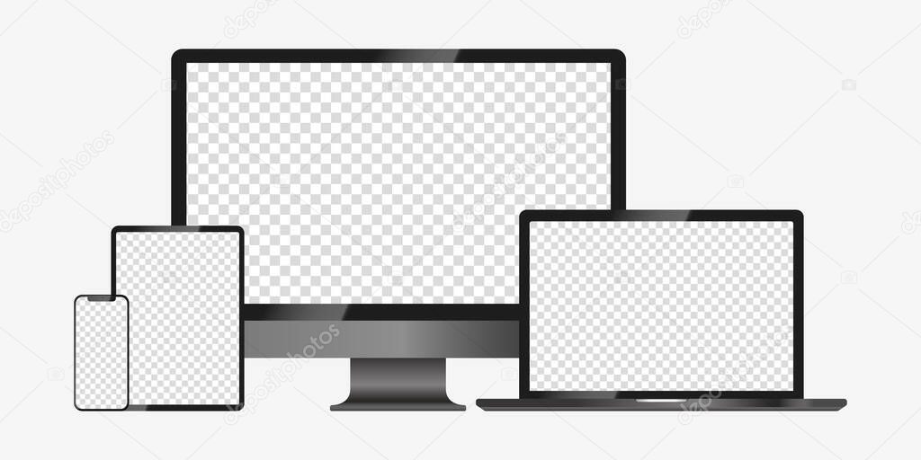 Realistic mockups computer, laptop, tablet and smartphone on an isolated background. Device screen mockup collection. Empty screen mock-up. Vector EPS 10